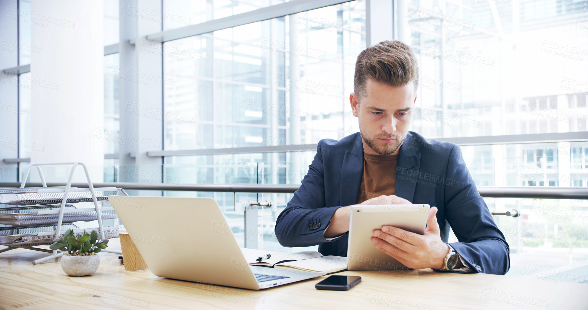 Buy stock photo Tablet, typing and research with business man in office for client portfolio, investment banker and planning. Financial advisor, capital report and profit with person and laptop for reading and email
