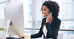 Computer, call center and happy black woman at help desk, insurance advice or contact us. Telemarketing, agent or consultant listening with headset for customer service, support or business for sales