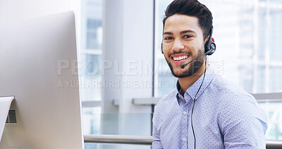 Buy stock photo Portrait, call center and happy man on computer for business, insurance sales or contact us. Telemarketing, agent and consultant with headset for customer service, support and virtual help in office