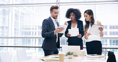 Buy stock photo Accounting, office and business people with laptop, feedback and manager for discussion and documents. Papers, teamwork and talk with tablet, growth strategy or project report for finance training
