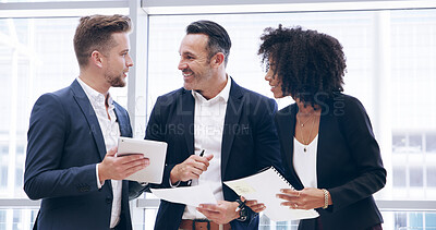 Buy stock photo Planning, business people and group in office for brainstorming ideas or problem solving. Collaboration, smile or investment manager with tablet for discussion, economy or financial report in meeting