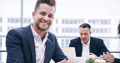Buy stock photo Portrait, meeting and man with tablet, business and ambitious for career growth in corporate company. Proud, account manager and employee with colleagues in office, people and opportunity in USA