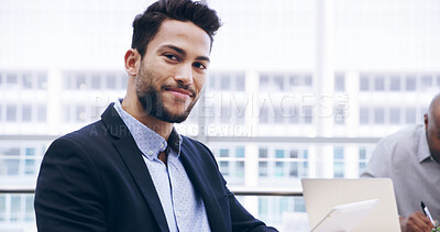 Buy stock photo Portrait, confident and man with tablet, business and ambitious for career growth in corporate company. Meeting, account manager and employee with tech in office, people and opportunity in USA