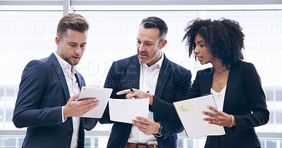 Buy stock photo Tablet, business people and group in office for brainstorming ideas or problem solving. Collaboration, document or investment manager planning for discussion, revenue or financial report in meeting