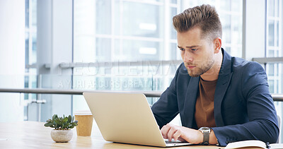 Buy stock photo Reading, research and laptop with business man in office for client portfolio, investment banker and planning. Financial advisor, capitol report and profit with person for proposal, project and email