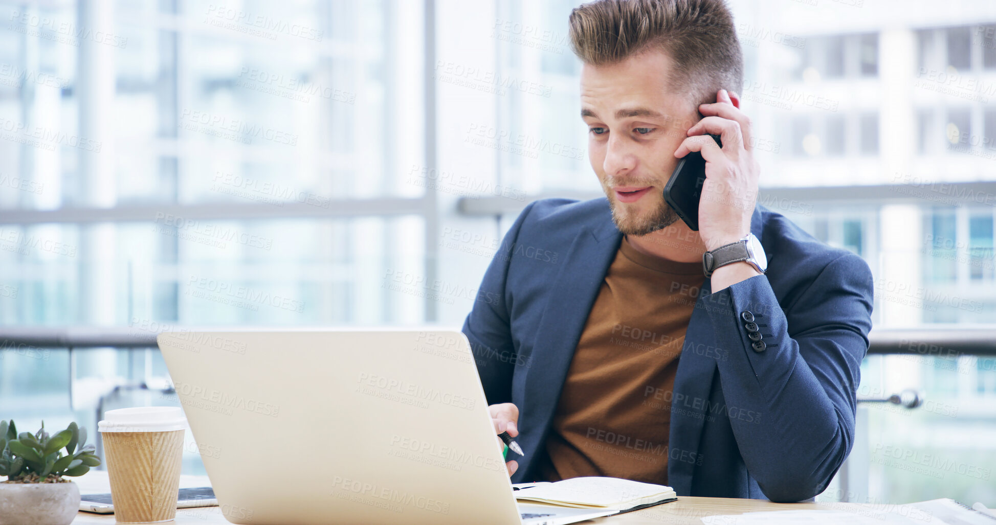 Buy stock photo Corporate, man and laptop with phone call in office of discussion, schedule update and financial offer. Accountant, talk and mobile with reminder, finance chat and investment feedback for negotiation