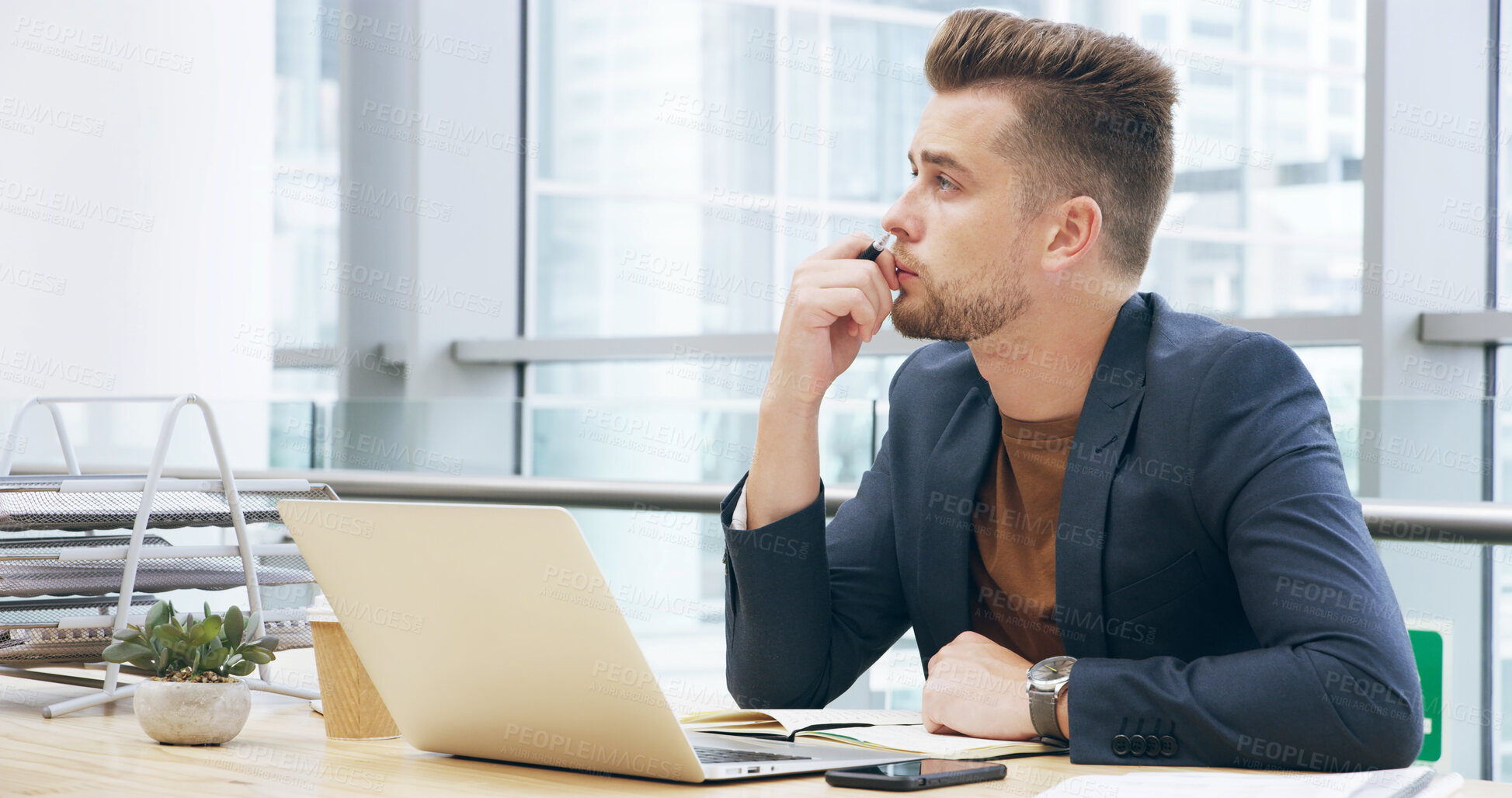 Buy stock photo Thinking, idea and businessman on laptop in office for planning, problem solving and investment research. Professional, corporate and person for solution, company insights and financial decision