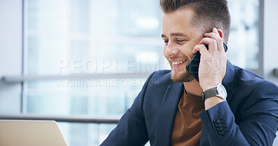 Buy stock photo Smile, business and man on laptop with phone call of discussion, schedule update and financial offer. Accountant, talk and mobile with good news, finance report and investment feedback of negotiation
