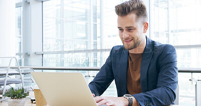 Buy stock photo Smile, research and laptop with business man in office for client portfolio, investment banker and planning. Financial advisor, capitol report and profit with person for proposal, project and email
