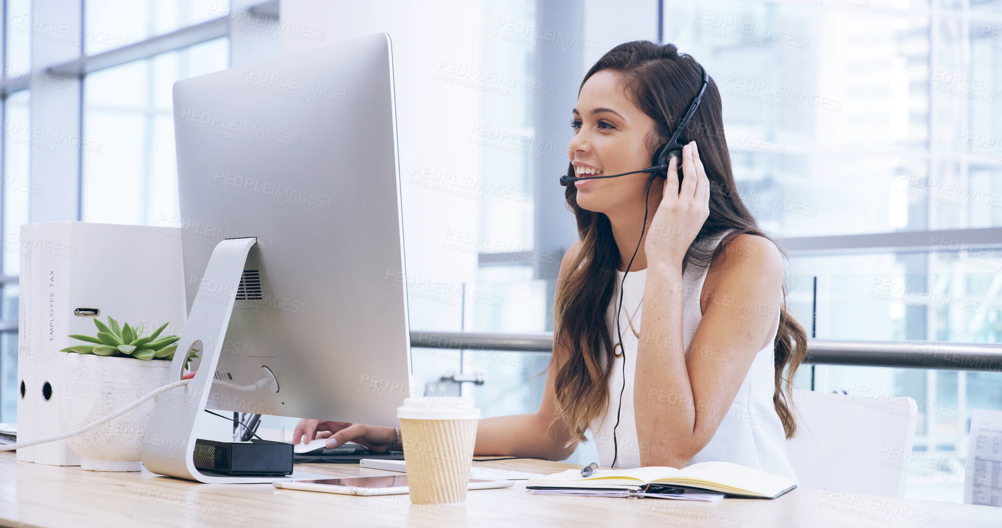 Buy stock photo Call center, customer support and woman on computer in office for talking, online help and virtual consulting. Corporate, business and person with headset for contact, CRM service and communication