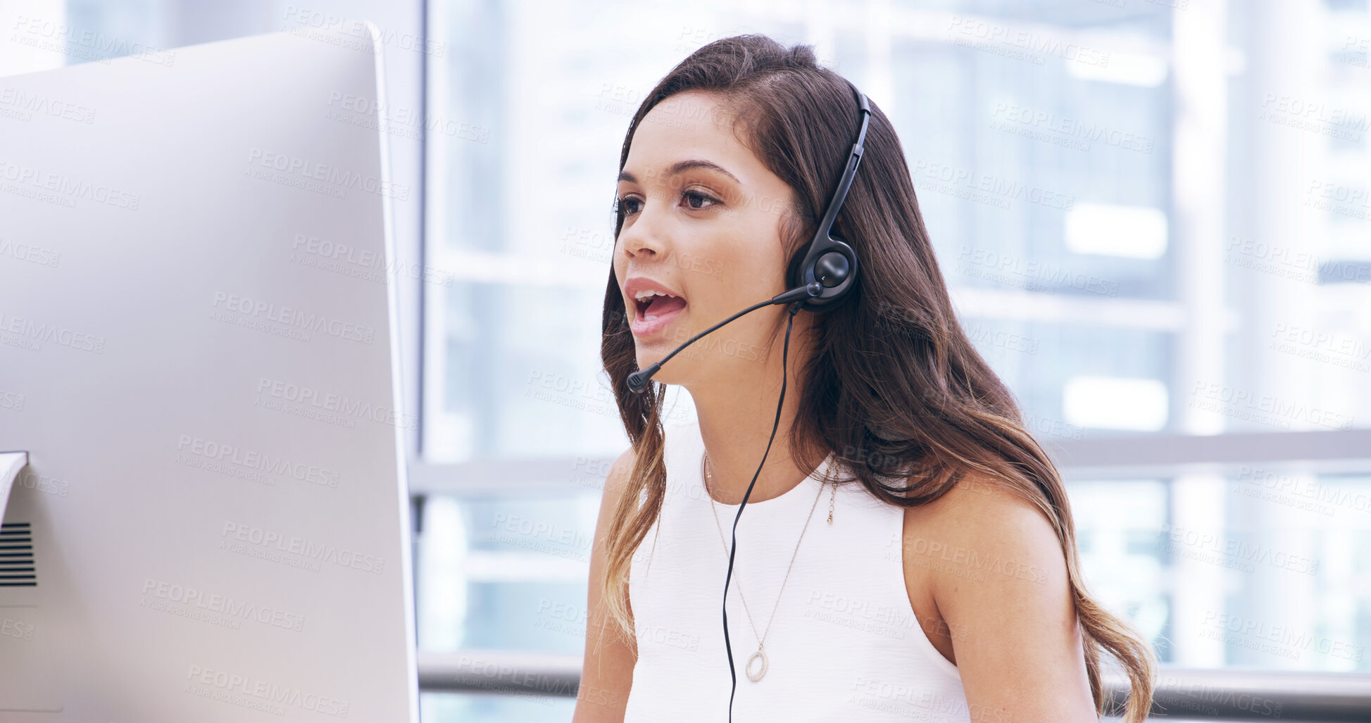 Buy stock photo Corporate, woman and talk on computer in call centre of sales FAQ, customer service and ecommerce. Agent, headset and online for information, consulting question and helping client of solution advice