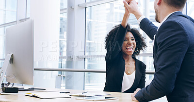 Buy stock photo High five, success and teamwork with business people and computer for deal, achievement and client approval. Winner, support and good news with employees in office for celebration and congratulations