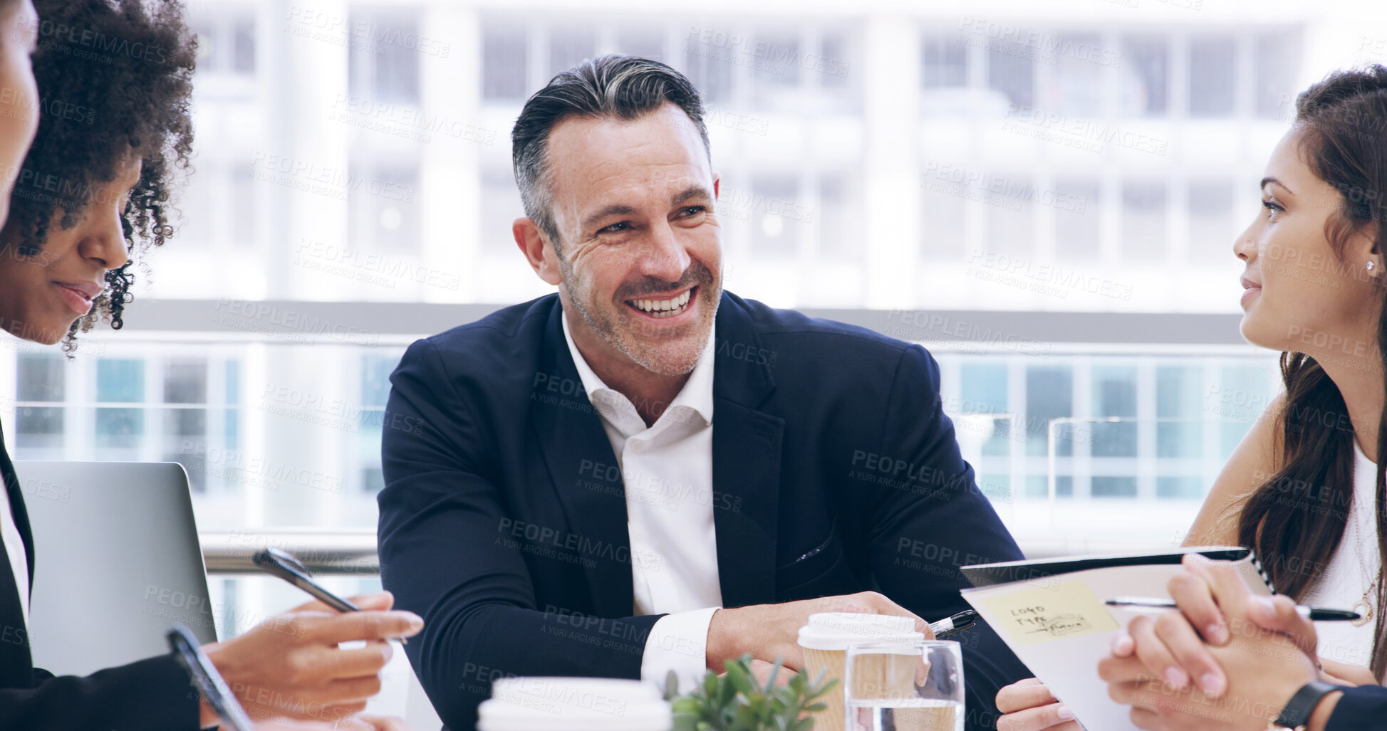Buy stock photo Businessman, office and people with meeting, feedback and manager for discussion and documents. Papers, teamwork and talk with portfolio, growth strategy or project report for finance training