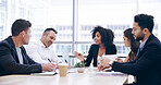 Discussion, business people and team in office for strategy, brainstorming ideas and accounting. Collaboration, paper and planning with manager for financial revenue, bookkeeping or audit in meeting