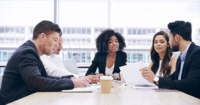 Buy stock photo Business woman, office and people with meeting, feedback and manager for discussion and documents. Papers, teamwork and talk with portfolio, growth strategy or project report for finance training