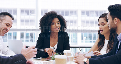 Buy stock photo Business woman, discussion and people with meeting, feedback and manager for office and documents. Papers, teamwork and talk with portfolio, growth strategy or project report for finance training