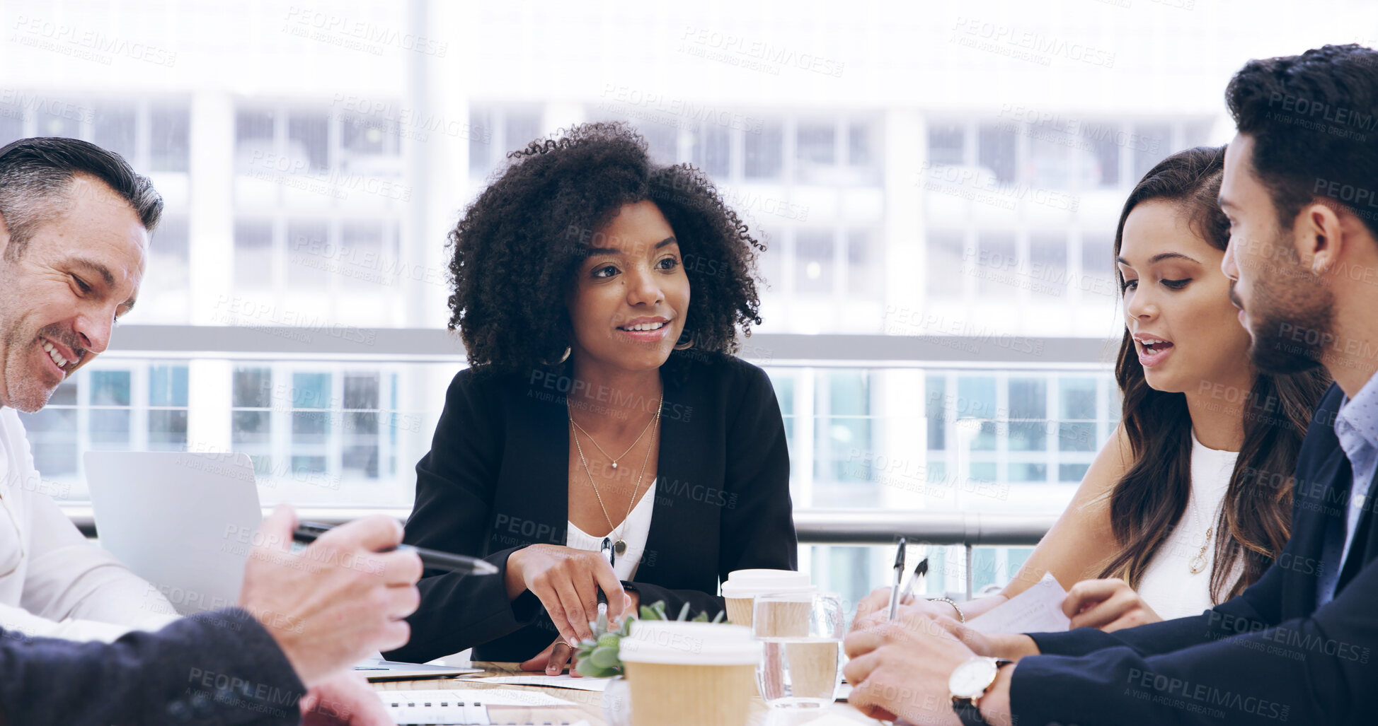 Buy stock photo Business woman, discussion and people with meeting, feedback and manager for office and documents. Papers, teamwork and talk with portfolio, growth strategy or project report for finance training