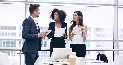 Buy stock photo Planning, business people and paperwork in meeting for discussion, report documents and accounting. Teamwork, agenda or group collaboration for investment growth, bookkeeping and financial strategy