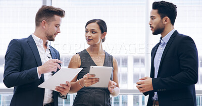 Buy stock photo Tablet, business people and documents in meeting for discussion, planning and accounting report. Teamwork, paperwork or group collaboration for investment growth, bookkeeping and financial strategy