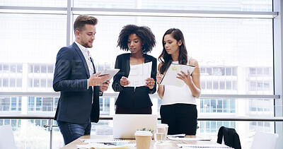 Buy stock photo Planning, business people and documents in meeting for discussion, agenda report and accounting. Teamwork, paperwork or group collaboration for investment growth, bookkeeping and financial strategy