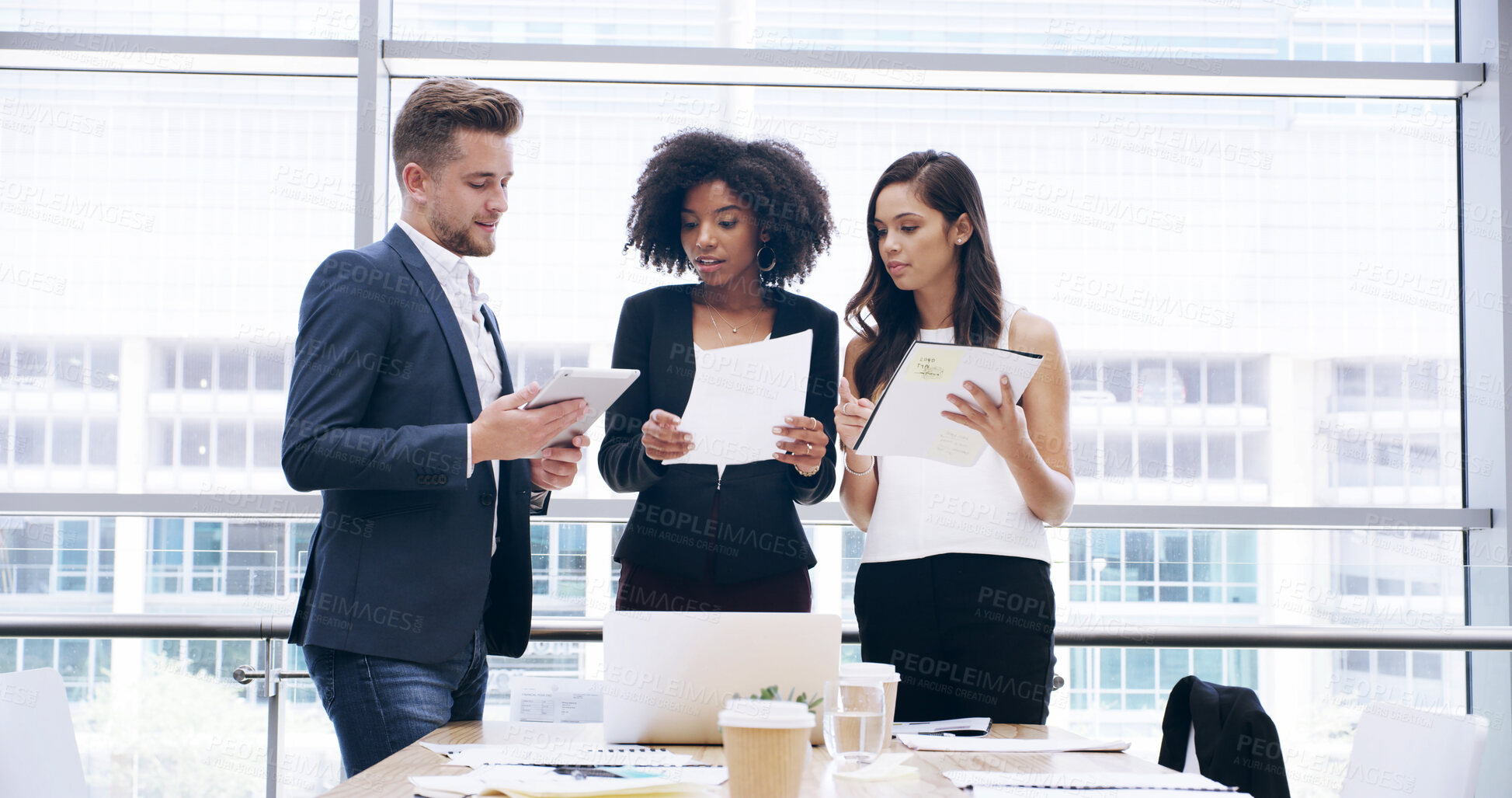 Buy stock photo Planning, business people and documents in meeting for discussion, agenda report and accounting. Teamwork, paperwork or group collaboration for investment growth, bookkeeping and financial strategy