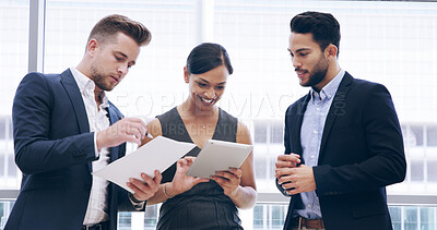 Buy stock photo Tablet, business people and portfolio in meeting for planning, checklist and accounting report. Teamwork, paperwork or group collaboration for investment growth, bookkeeping and financial strategy