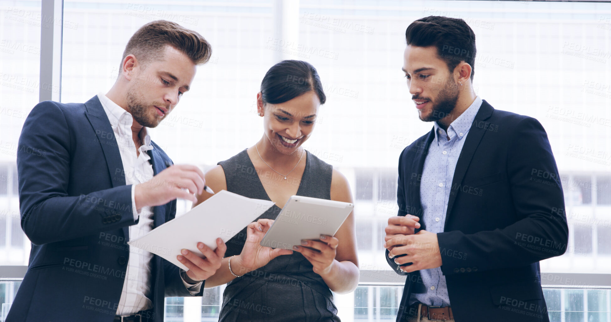 Buy stock photo Tablet, business people and portfolio in meeting for planning, checklist and accounting report. Teamwork, paperwork or group collaboration for investment growth, bookkeeping and financial strategy