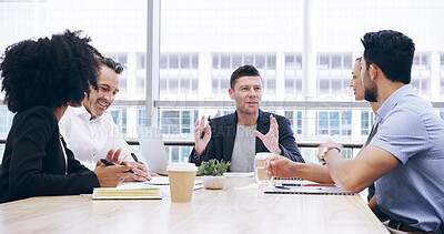 Buy stock photo Leadership, business people and manager in discussion for planning, brainstorming and accounting. Teamwork, meeting or group collaboration for investment report, bookkeeping and financial strategy