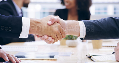 Buy stock photo Closeup, handshake and business people in office, partnership and company merger. Employees, coworking and shaking hands with cooperation, B2B deal and negotiation with thank you and contract