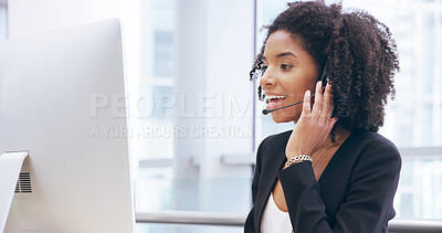 Buy stock photo Happy woman, consultant or communication with headset at call center for online advice or help. Female person, agent or smile with mic for remote service, desktop support or friendly CRM at workplace