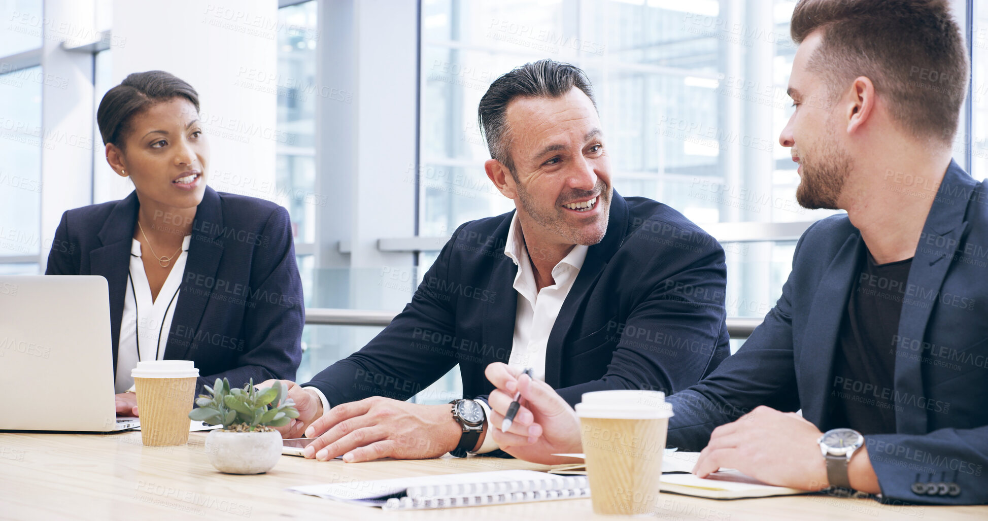 Buy stock photo Documents, discussion and business people in office for research with company investment, profit or revenue. Meeting, paperwork and financial managers planning for finance proposal with report.