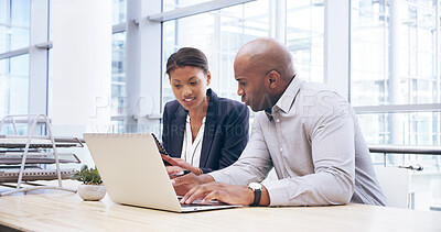 Buy stock photo Laptop, discussion and business people in office for research with company investment, profit or revenue. Meeting, computer and team of financial managers planning for finance proposal with report.