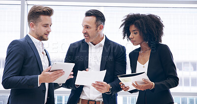 Buy stock photo Businessmen, tablet and people with meeting, papers and manager for office and documents. Feedback discussion, teamwork and talk with portfolio, growth strategy or project report for finance training