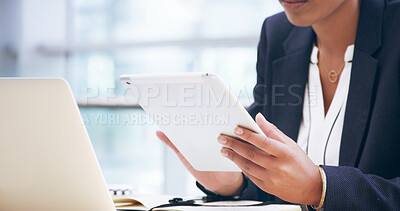 Buy stock photo Hands, business and woman with tablet in office for finance report, schedule update and information. Person, accountant and digital with financial research, risk management and investment negotiation