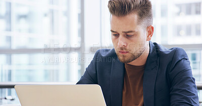 Buy stock photo Business, man and typing with laptop in office for finance report, schedule update and information. Accountant, online and research with financial proposal for risk management and investment
