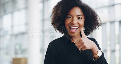 Buy stock photo Thumbs up, portrait and thank you with business woman in office for success deal approval and space. Support, feedback and agreement sign with African person for smile, vote and review guarantee