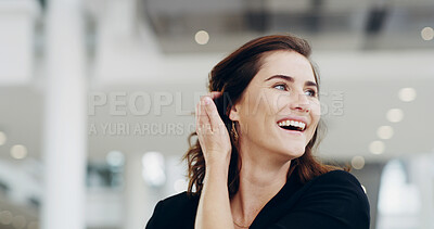 Buy stock photo Airport, laughing and travel with business woman walking in terminal for international flight. Funny, future and planning with passenger at arrival or departure gate for journey or transportation