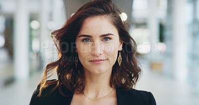 Buy stock photo Business, portrait and woman in office with confidence for property development opportunity. Realtor, consultant or face of businesswoman in real estate, account management or professional in lobby