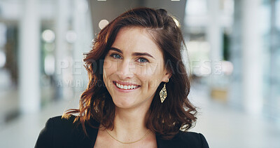 Buy stock photo Smile, portrait and businesswoman in office with confidence for property development opportunity. Realtor, consultant or face of woman in real estate, business management or professional in lobby