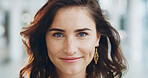 Smile, business and woman with makeup for portrait as secretary, natural beauty and cosmetic results. Female person, happy and confidence for management, facial transformation and professional career