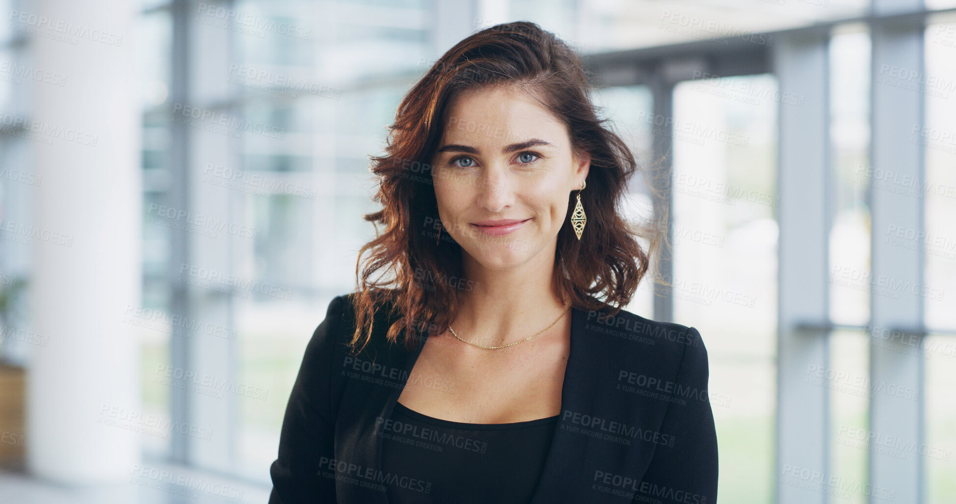 Buy stock photo Realtor, portrait and woman in office with smile for property development opportunity. Confidence, consultant or face of businesswoman in real estate, business management or professional in lobby