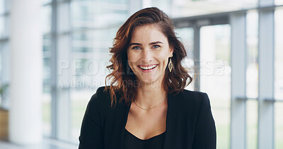 Buy stock photo Business, portrait and happy woman in office with confidence for property development opportunity. Realtor, consultant or face of agent in real estate, account management or professional in lobby