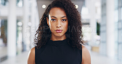 Buy stock photo Serious, portrait and woman in office with confidence for property development opportunity. Realtor, consultant or face of businesswoman in real estate, account management or professional in lobby
