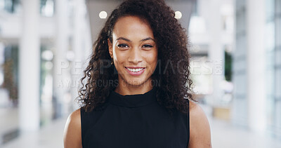 Buy stock photo Business, portrait and happy woman in lobby with confidence for property development opportunity. Realtor, consultant or face of businesswoman in real estate, account management or smile in office