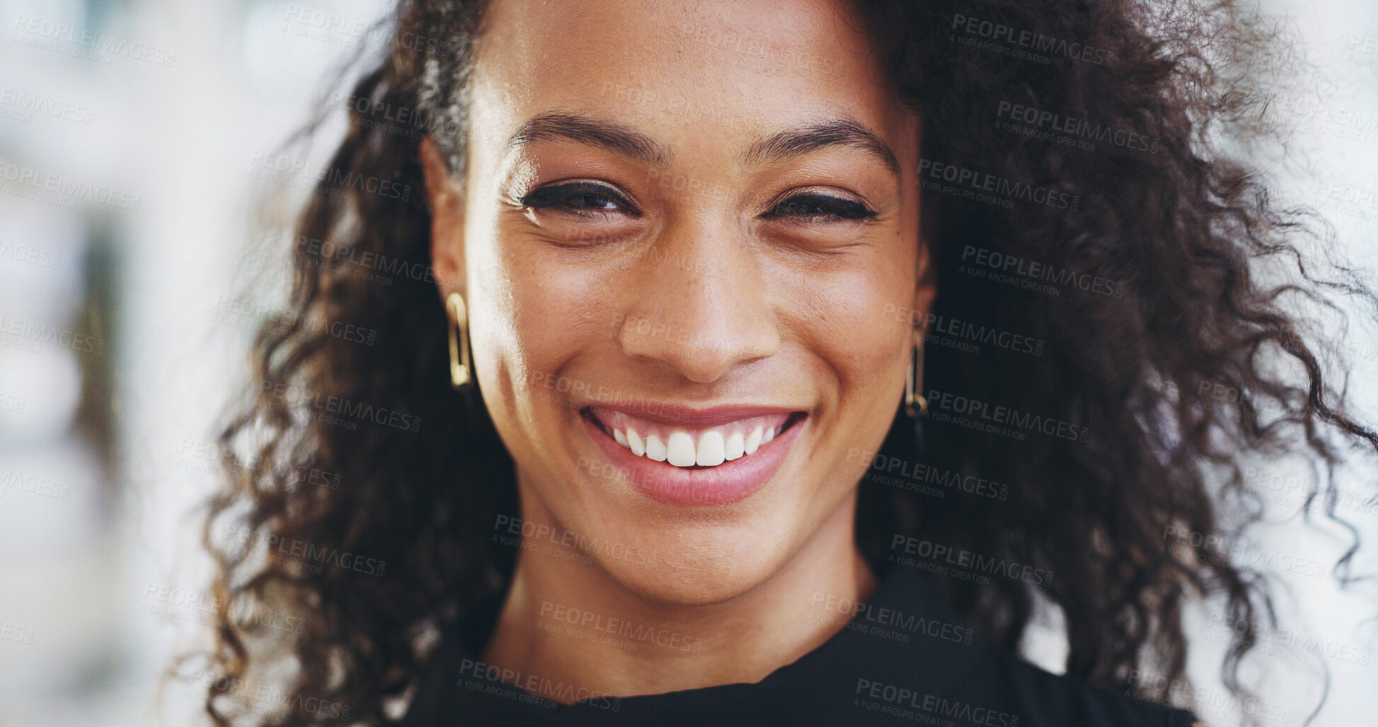 Buy stock photo Smile, portrait and pride with business woman for confidence, creative journalist and professional. Magazine editor, happiness and opportunity with person from Brazil in startup agency for career