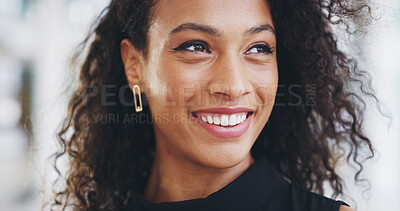 Buy stock photo Smile, thinking and professional with business woman for confidence, creative journalist and idea. Magazine editor, happiness and reflection with person from Brazil in startup agency for career