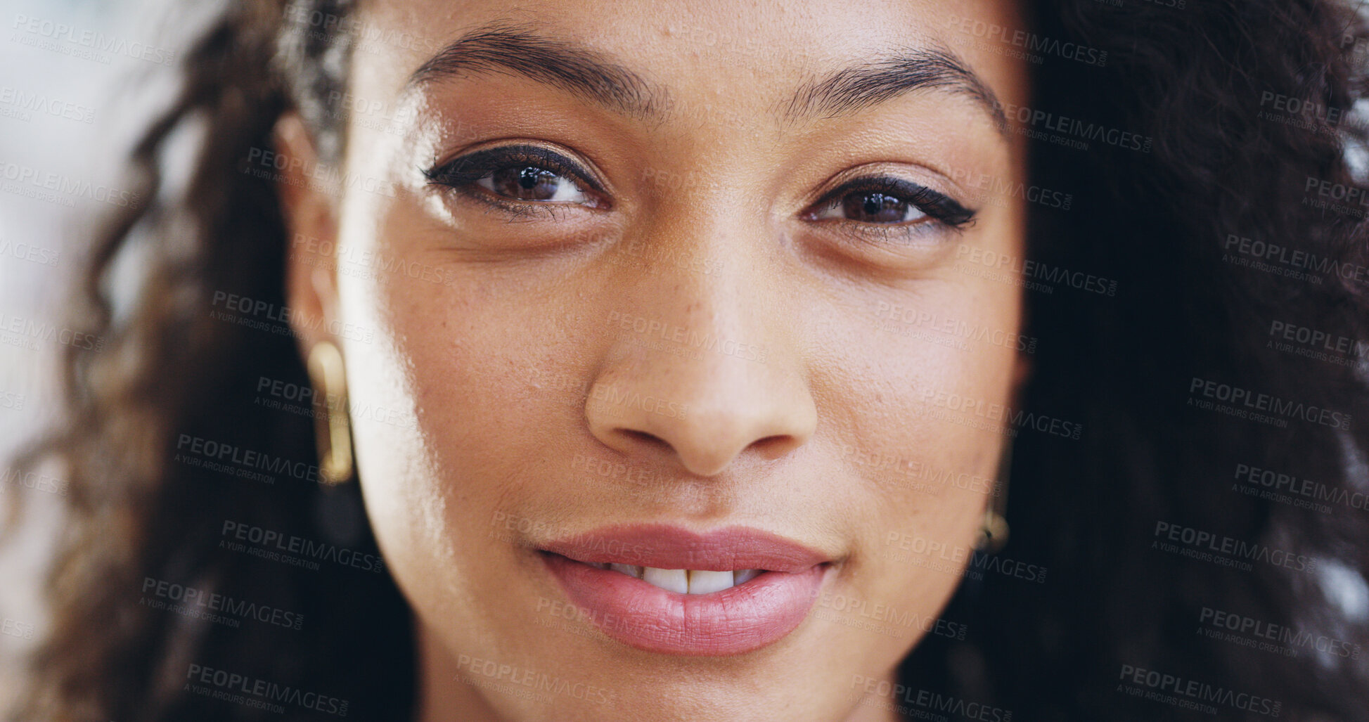 Buy stock photo Portrait, African woman and pride with makeup for makeover, natural beauty and cosmetic results. Female person, closeup and confidence with facial transformation, grooming glow and wellness aesthetic