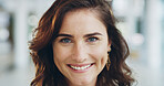Happy, business and woman with makeup for portrait as secretary, natural beauty and cosmetic results. Female person, smile and confidence for management, facial transformation and professional career