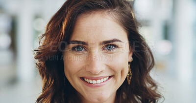 Buy stock photo Smile, woman and portrait with makeup for beauty of dermatology, natural cosmetics and aesthetics. Female person, happy and confidence with facial makeover, change and treatment for glamour aesthetic