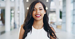Confident, portrait and happy woman in lobby with career recruitment opportunity in HR office. About us, consultant or face of businesswoman in human resources, job management or smile in business